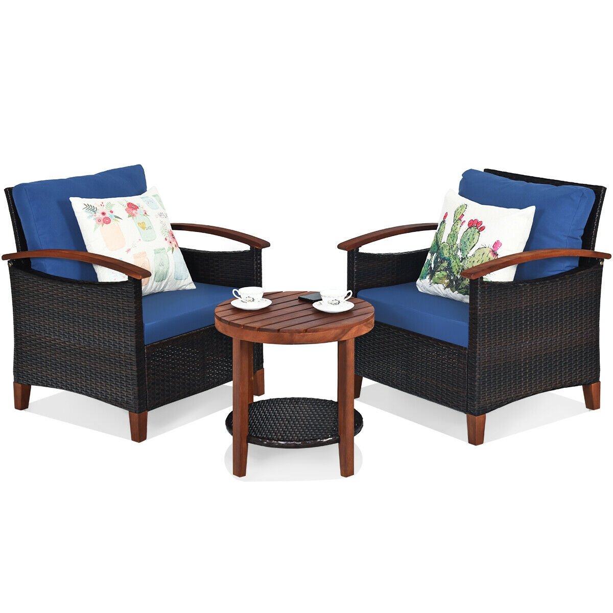 3 Pcs Solid Wood Frame Patio Rattan Furniture Set, Blue Patio Conversation Sets   at Gallery Canada