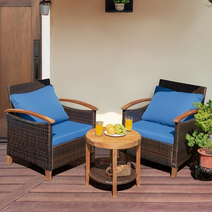 3 Pcs Solid Wood Frame Patio Rattan Furniture Set, Blue Patio Conversation Sets   at Gallery Canada