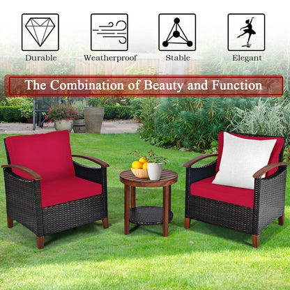 3 Pcs Solid Wood Frame Patio Rattan Furniture Set, Red Patio Conversation Sets   at Gallery Canada