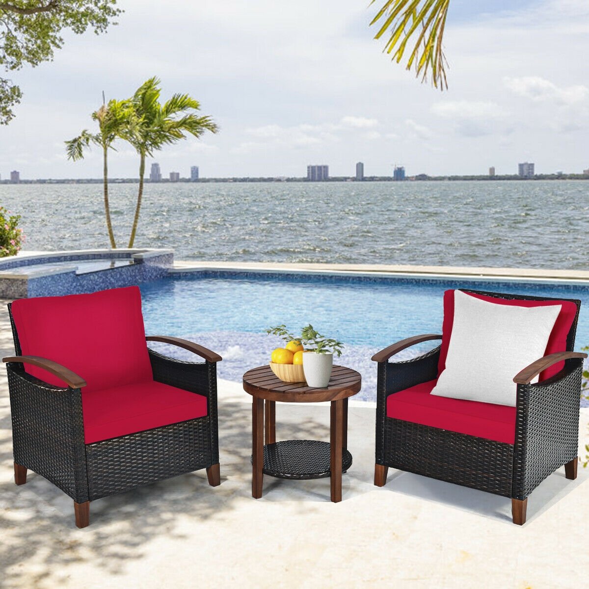 3 Pcs Solid Wood Frame Patio Rattan Furniture Set, Red Patio Conversation Sets   at Gallery Canada