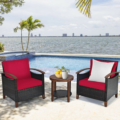 3 Pcs Solid Wood Frame Patio Rattan Furniture Set, Red Patio Conversation Sets   at Gallery Canada