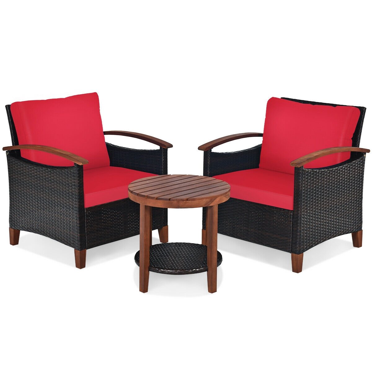 3 Pcs Solid Wood Frame Patio Rattan Furniture Set, Red Patio Conversation Sets   at Gallery Canada