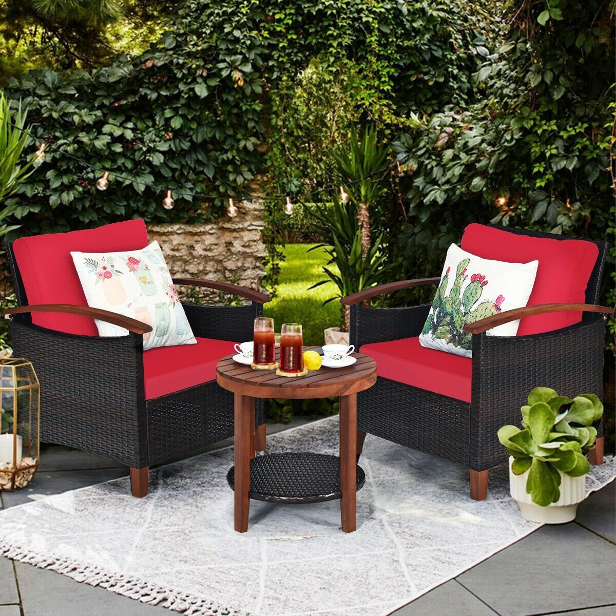 3 Pcs Solid Wood Frame Patio Rattan Furniture Set, Red Patio Conversation Sets   at Gallery Canada