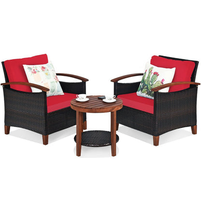 3 Pcs Solid Wood Frame Patio Rattan Furniture Set, Red Patio Conversation Sets   at Gallery Canada