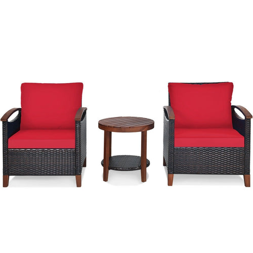 3 Pcs Solid Wood Frame Patio Rattan Furniture Set, Red