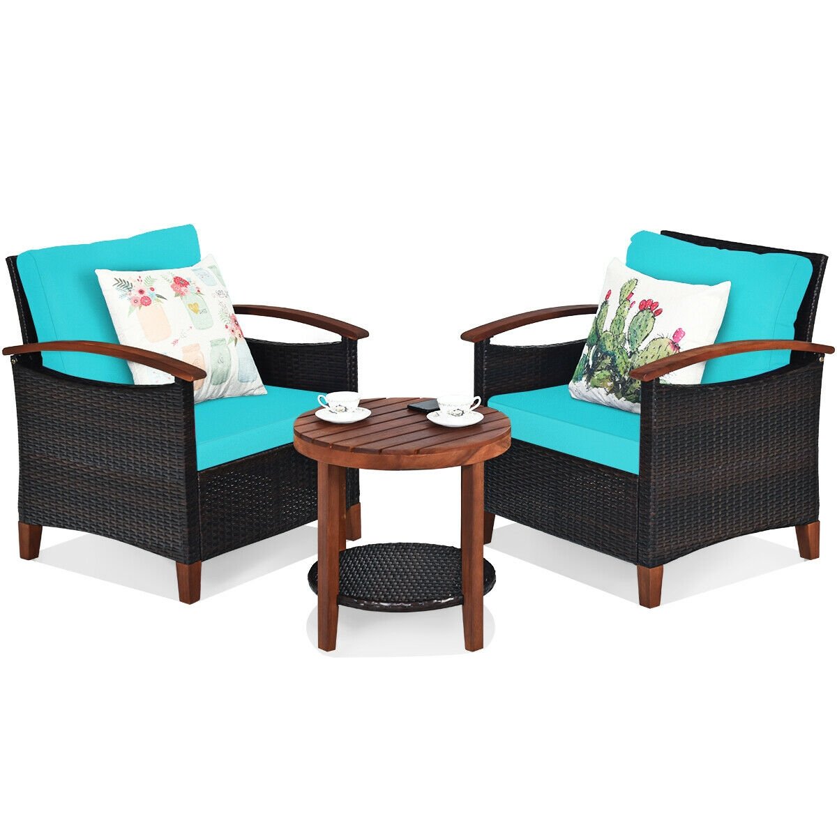 3 Pcs Solid Wood Frame Patio Rattan Furniture Set, Turquoise Patio Conversation Sets   at Gallery Canada