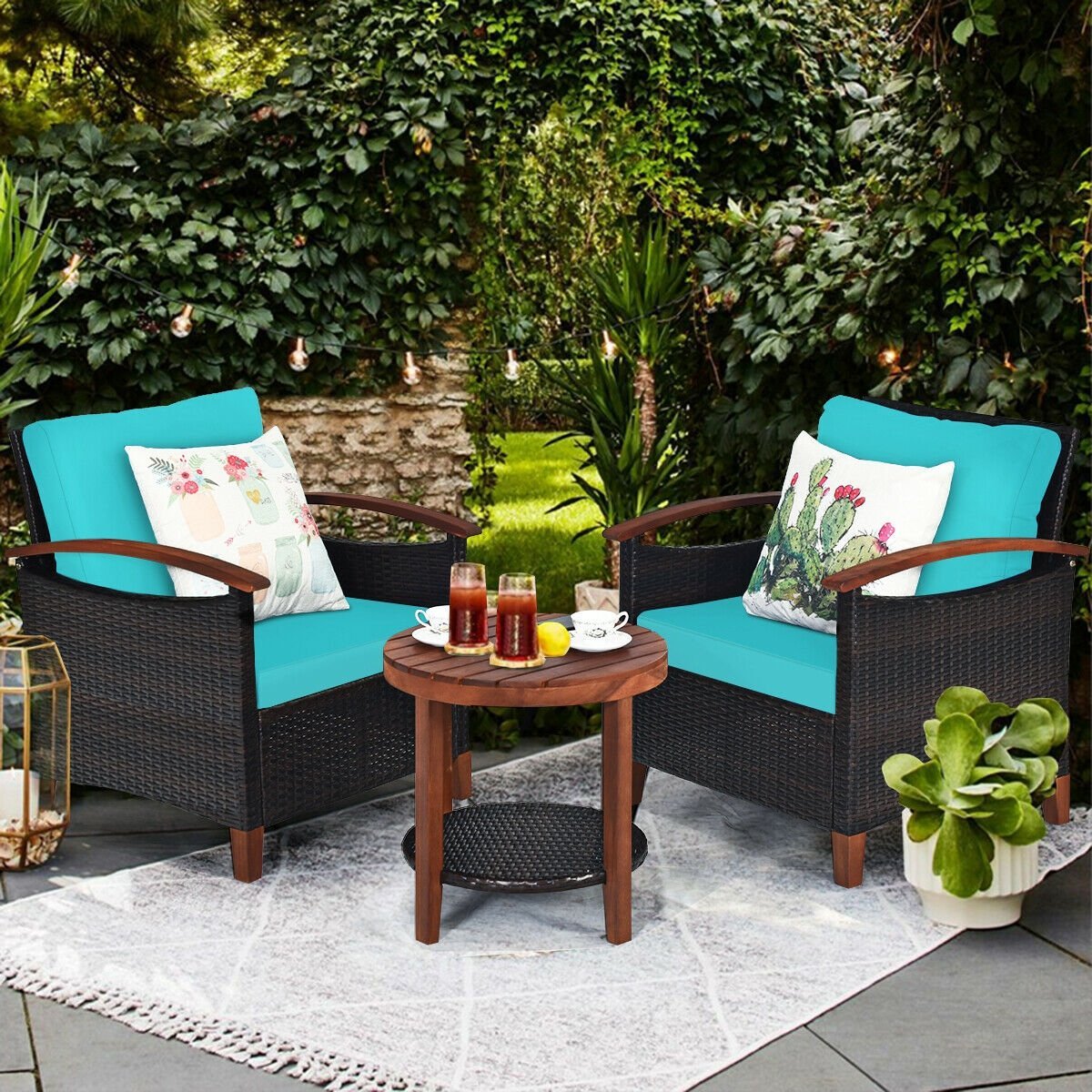 3 Pcs Solid Wood Frame Patio Rattan Furniture Set, Turquoise Patio Conversation Sets   at Gallery Canada