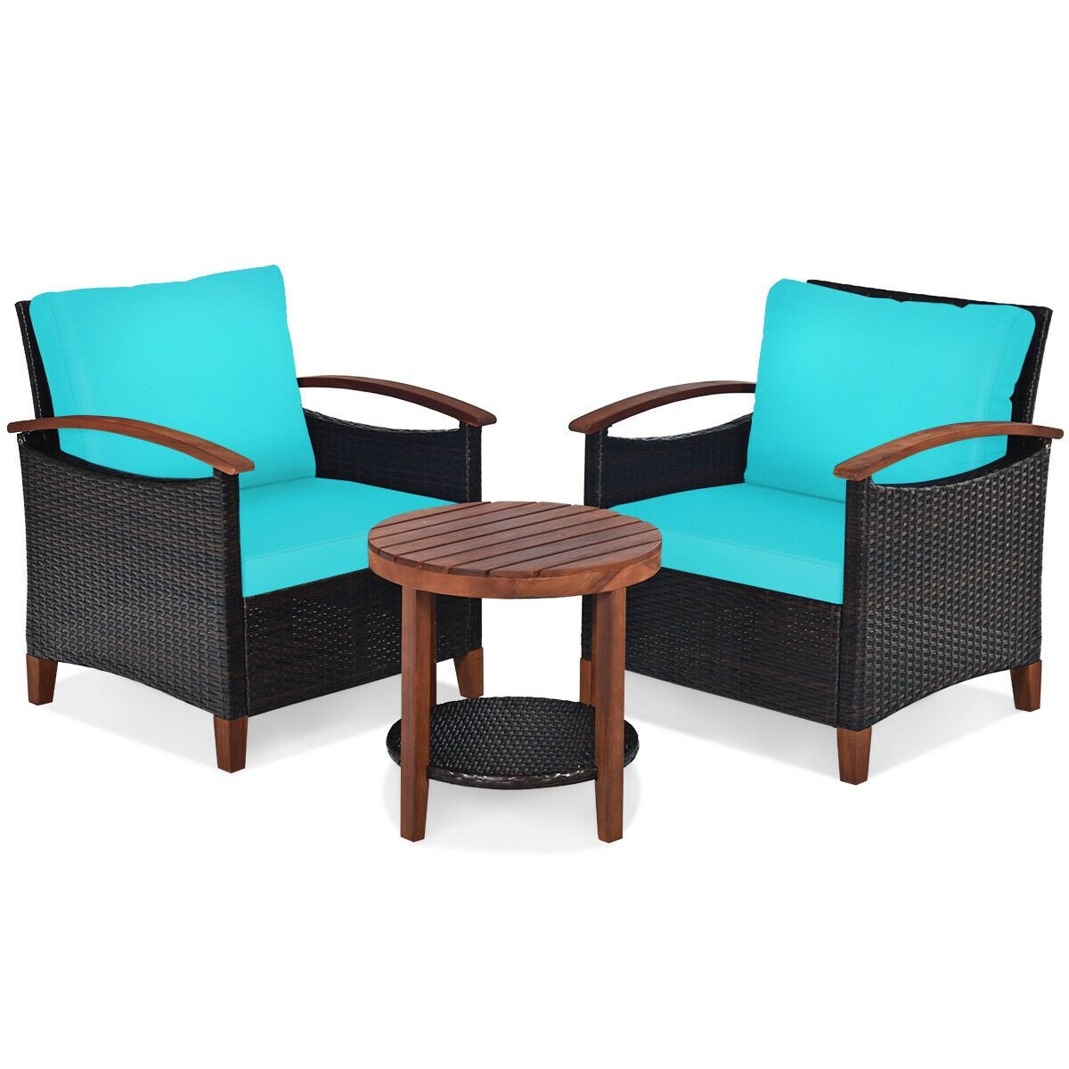 3 Pcs Solid Wood Frame Patio Rattan Furniture Set, Turquoise Patio Conversation Sets   at Gallery Canada