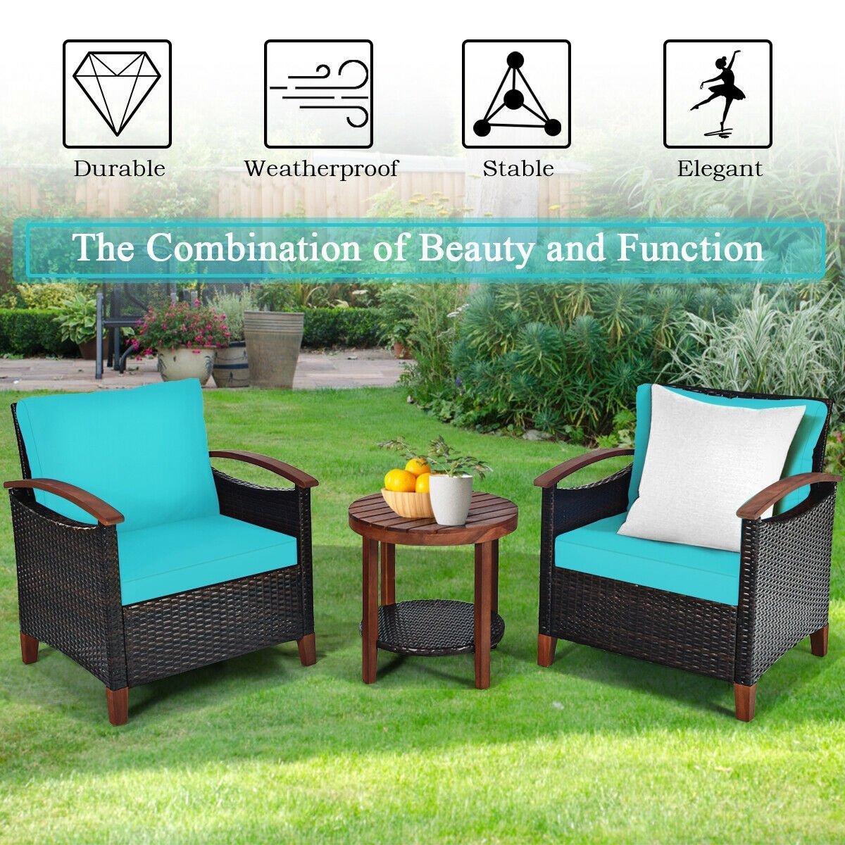 3 Pcs Solid Wood Frame Patio Rattan Furniture Set, Turquoise Patio Conversation Sets   at Gallery Canada