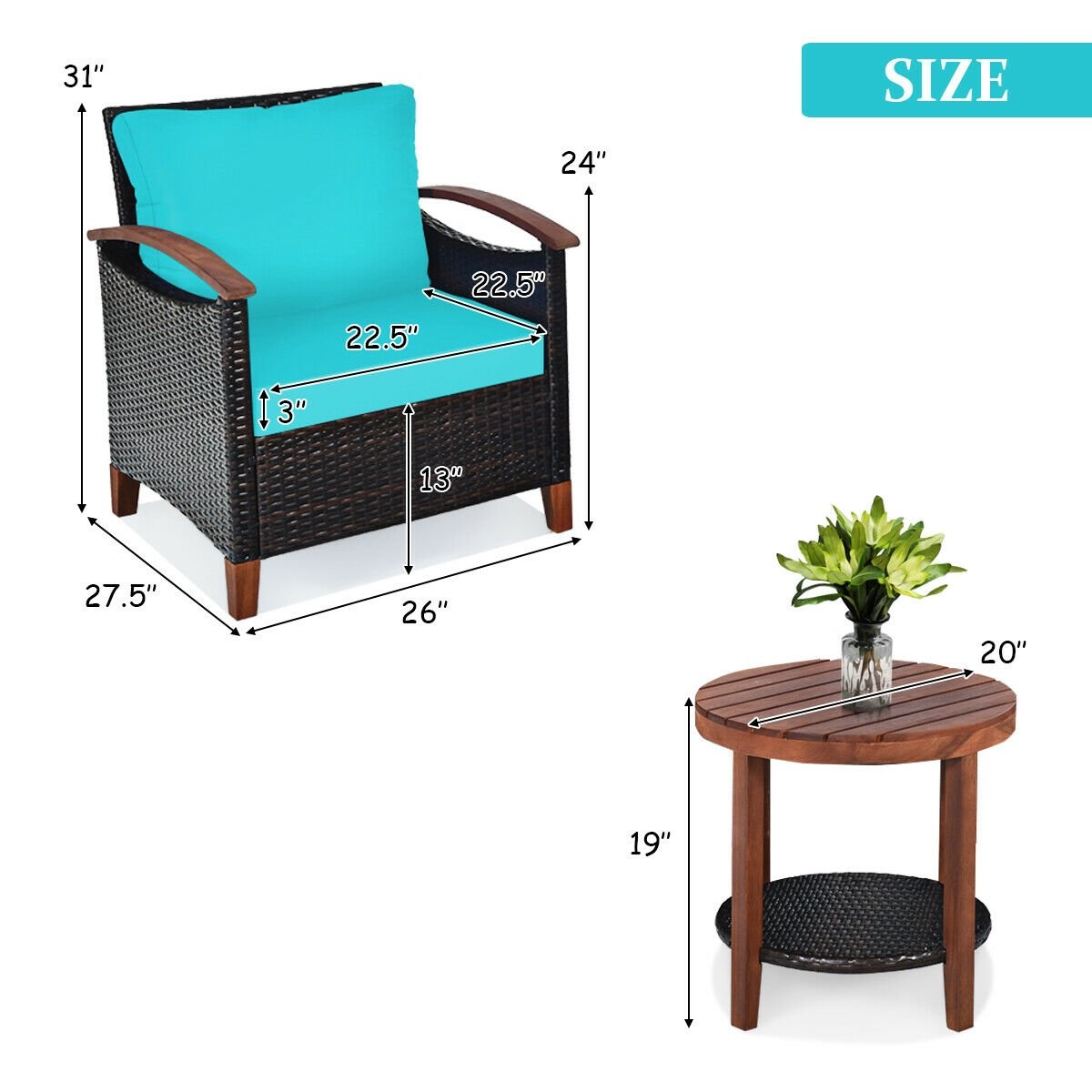 3 Pcs Solid Wood Frame Patio Rattan Furniture Set, Turquoise Patio Conversation Sets   at Gallery Canada