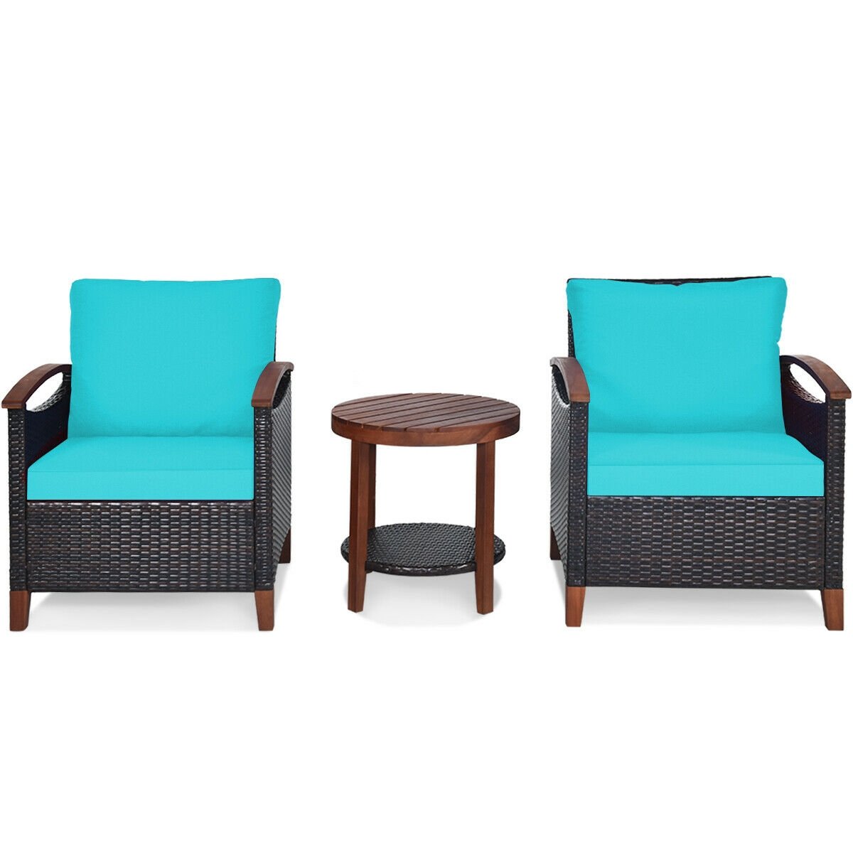 3 Pcs Solid Wood Frame Patio Rattan Furniture Set, Turquoise Patio Conversation Sets   at Gallery Canada