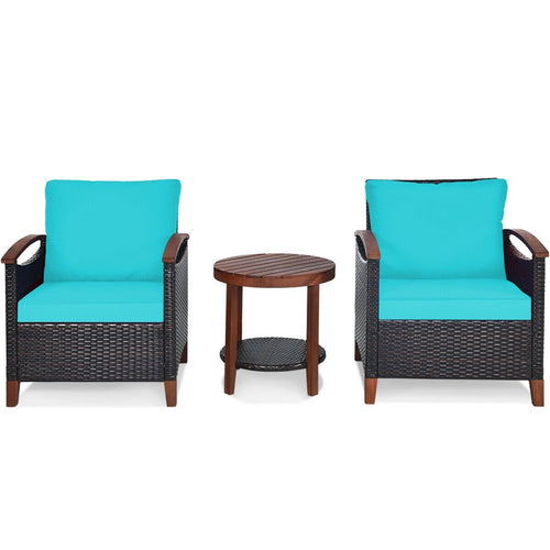 3 Pcs Solid Wood Frame Patio Rattan Furniture Set, Turquoise