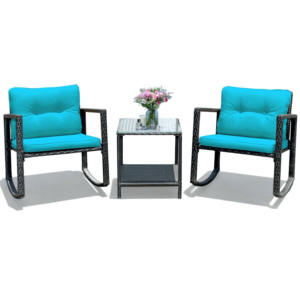 3 Pcs Wicker Rocking Bistro Set with Glass Coffee Table and Storage Shelf, Blue Patio Conversation Sets   at Gallery Canada