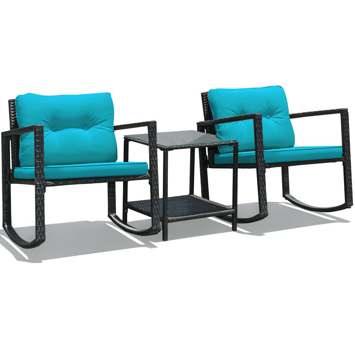 3 Pcs Wicker Rocking Bistro Set with Glass Coffee Table and Storage Shelf, Blue Patio Conversation Sets   at Gallery Canada