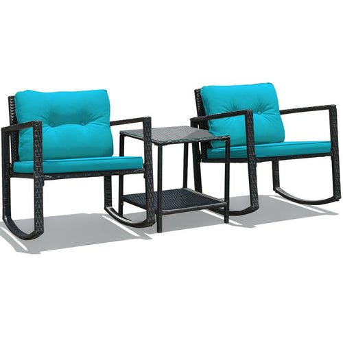 3 Pcs Wicker Rocking Bistro Set with Glass Coffee Table and Storage Shelf, Blue