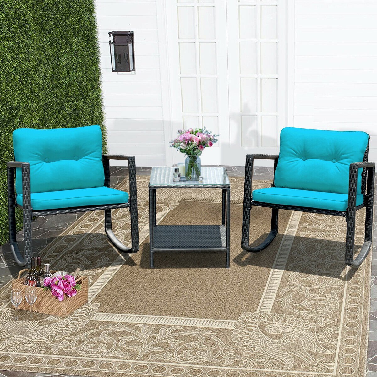 3 Pcs Wicker Rocking Bistro Set with Glass Coffee Table and Storage Shelf, Blue Patio Conversation Sets   at Gallery Canada