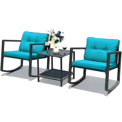 3 Pcs Wicker Rocking Bistro Set with Glass Coffee Table and Storage Shelf, Blue Patio Conversation Sets   at Gallery Canada