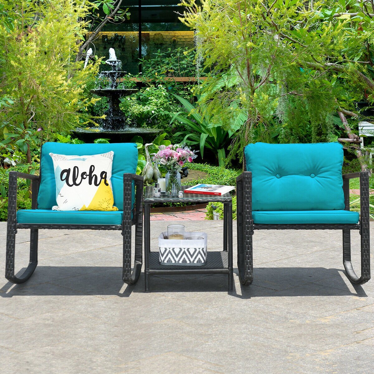 3 Pcs Wicker Rocking Bistro Set with Glass Coffee Table and Storage Shelf, Blue Patio Conversation Sets   at Gallery Canada