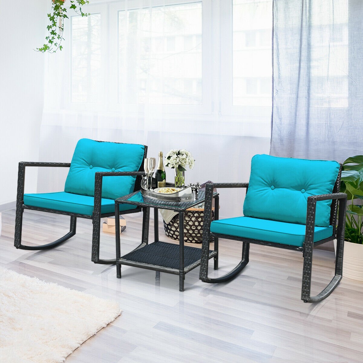 3 Pcs Wicker Rocking Bistro Set with Glass Coffee Table and Storage Shelf, Blue Patio Conversation Sets   at Gallery Canada