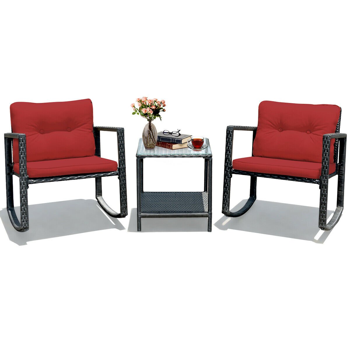 3 Pcs Wicker Rocking Bistro Set with Glass Coffee Table and Storage Shelf, Red Patio Conversation Sets   at Gallery Canada