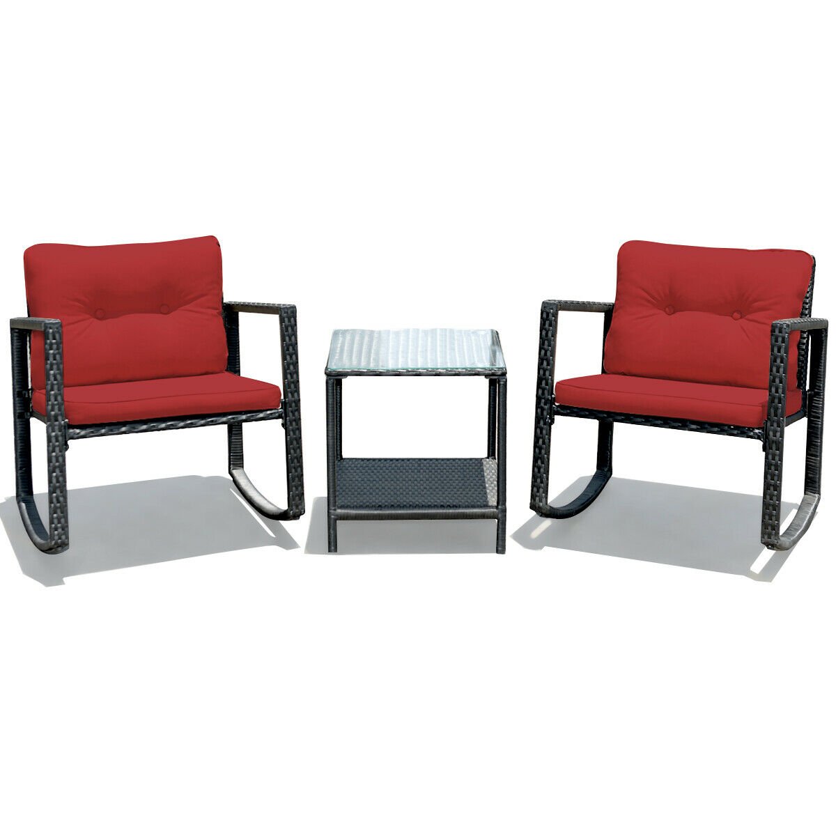 3 Pcs Wicker Rocking Bistro Set with Glass Coffee Table and Storage Shelf, Red Patio Conversation Sets   at Gallery Canada