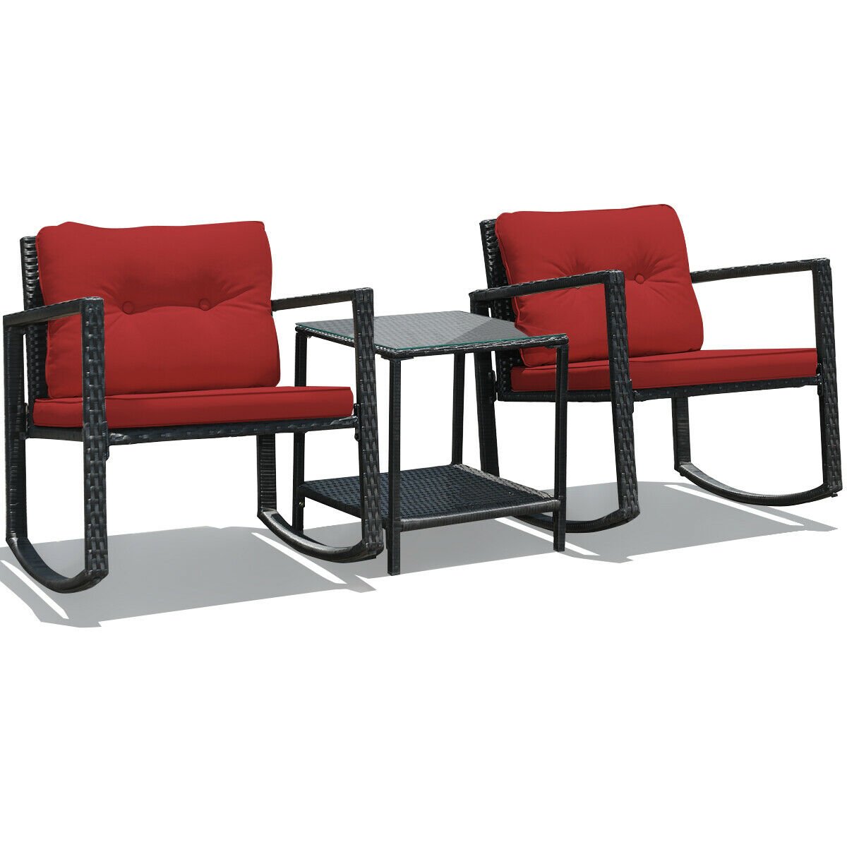 3 Pcs Wicker Rocking Bistro Set with Glass Coffee Table and Storage Shelf, Red Patio Conversation Sets   at Gallery Canada