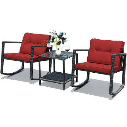 3 Pcs Wicker Rocking Bistro Set with Glass Coffee Table and Storage Shelf, Red Patio Conversation Sets   at Gallery Canada