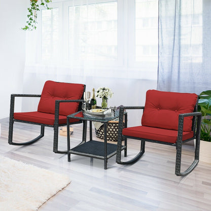 3 Pcs Wicker Rocking Bistro Set with Glass Coffee Table and Storage Shelf, Red Patio Conversation Sets   at Gallery Canada