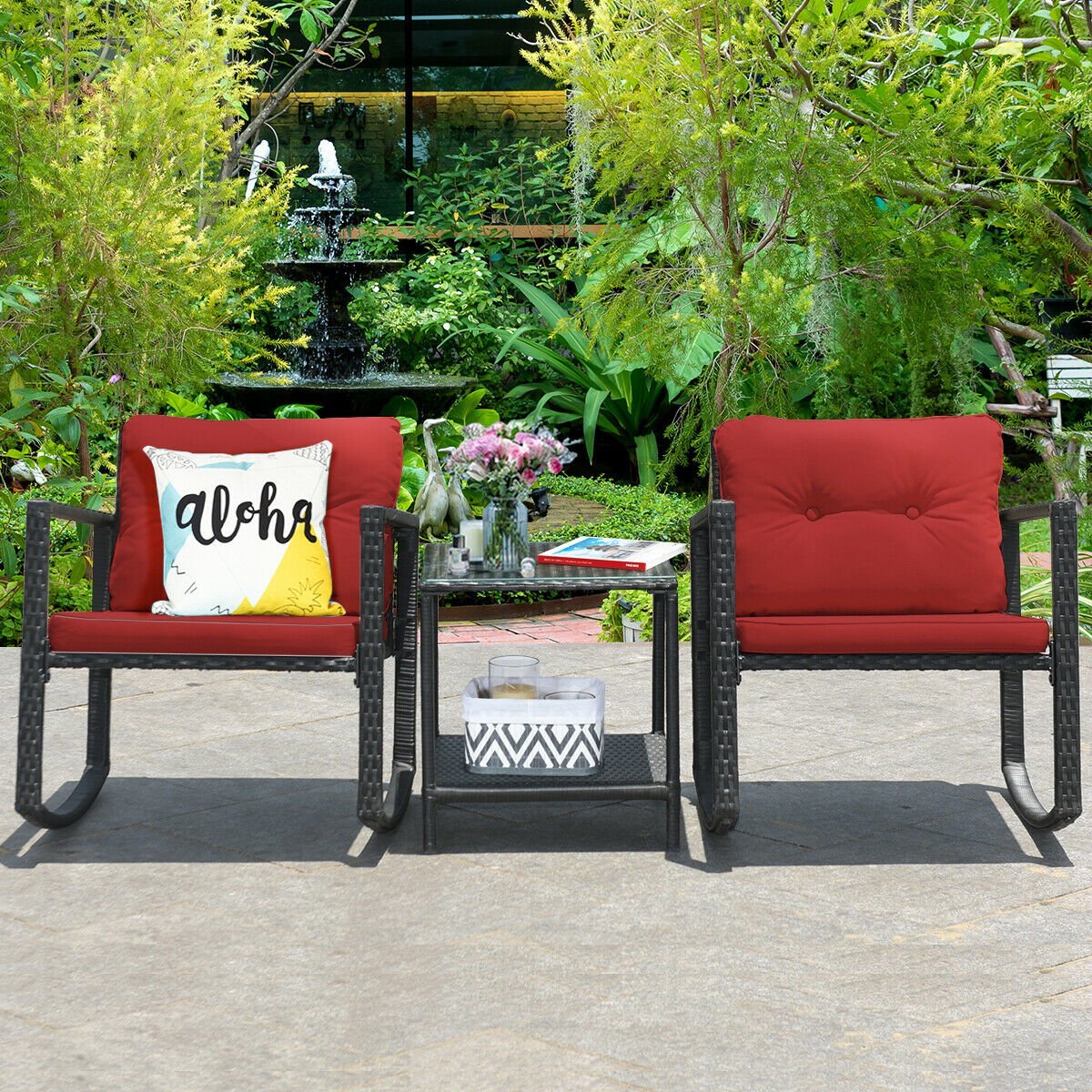 3 Pcs Wicker Rocking Bistro Set with Glass Coffee Table and Storage Shelf, Red Patio Conversation Sets   at Gallery Canada