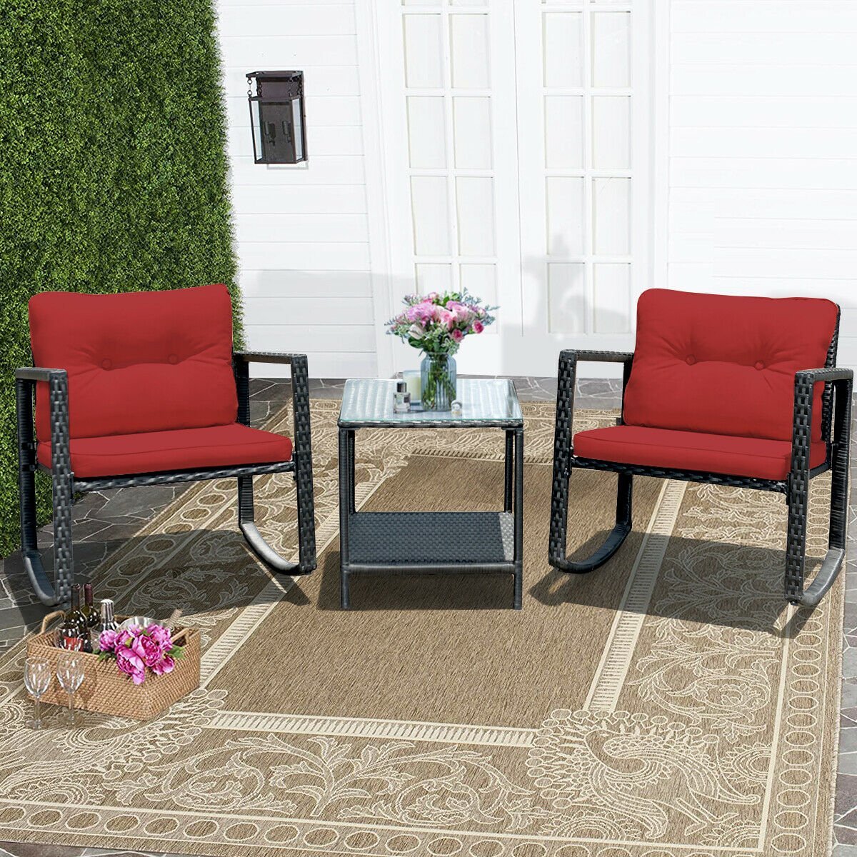 3 Pcs Wicker Rocking Bistro Set with Glass Coffee Table and Storage Shelf, Red Patio Conversation Sets   at Gallery Canada