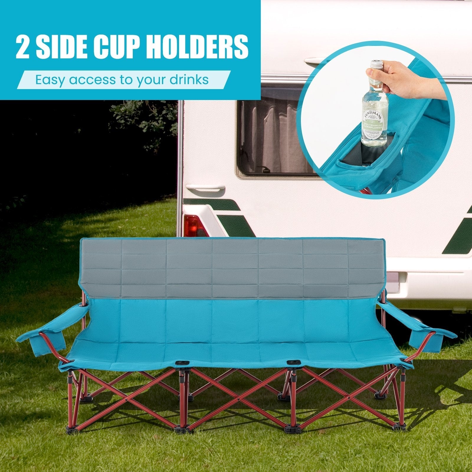 3 Person Folding Camping Chair with 2 Cup Holders Cotton Padding & Storage Bag, Blue Camping Furniture   at Gallery Canada