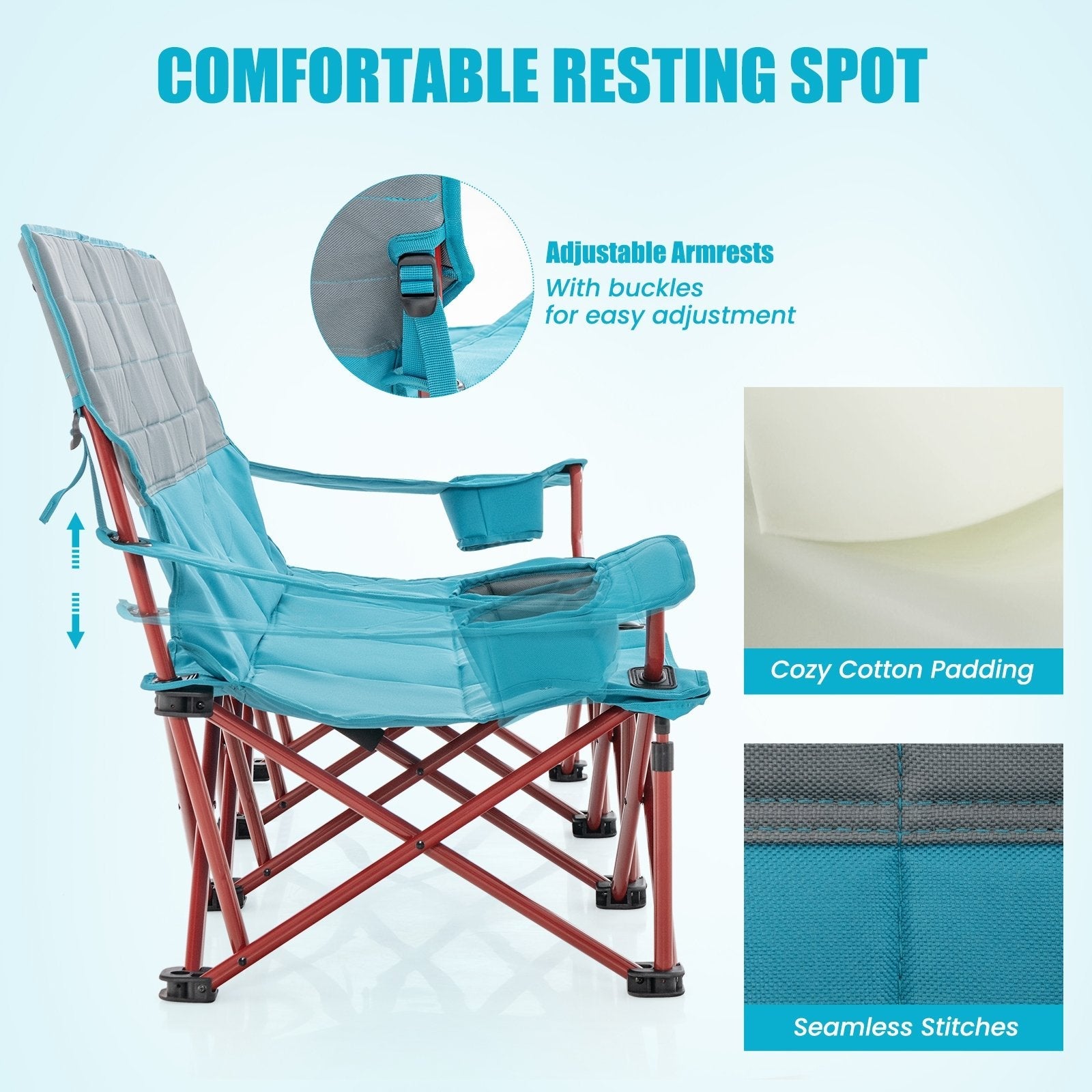 3 Person Folding Camping Chair with 2 Cup Holders Cotton Padding & Storage Bag, Blue Camping Furniture   at Gallery Canada