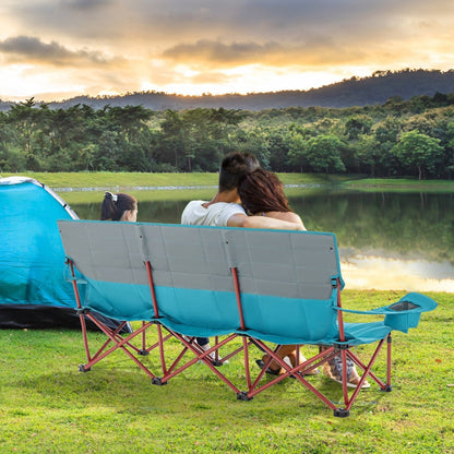 3 Person Folding Camping Chair with 2 Cup Holders Cotton Padding & Storage Bag, Blue Camping Furniture   at Gallery Canada