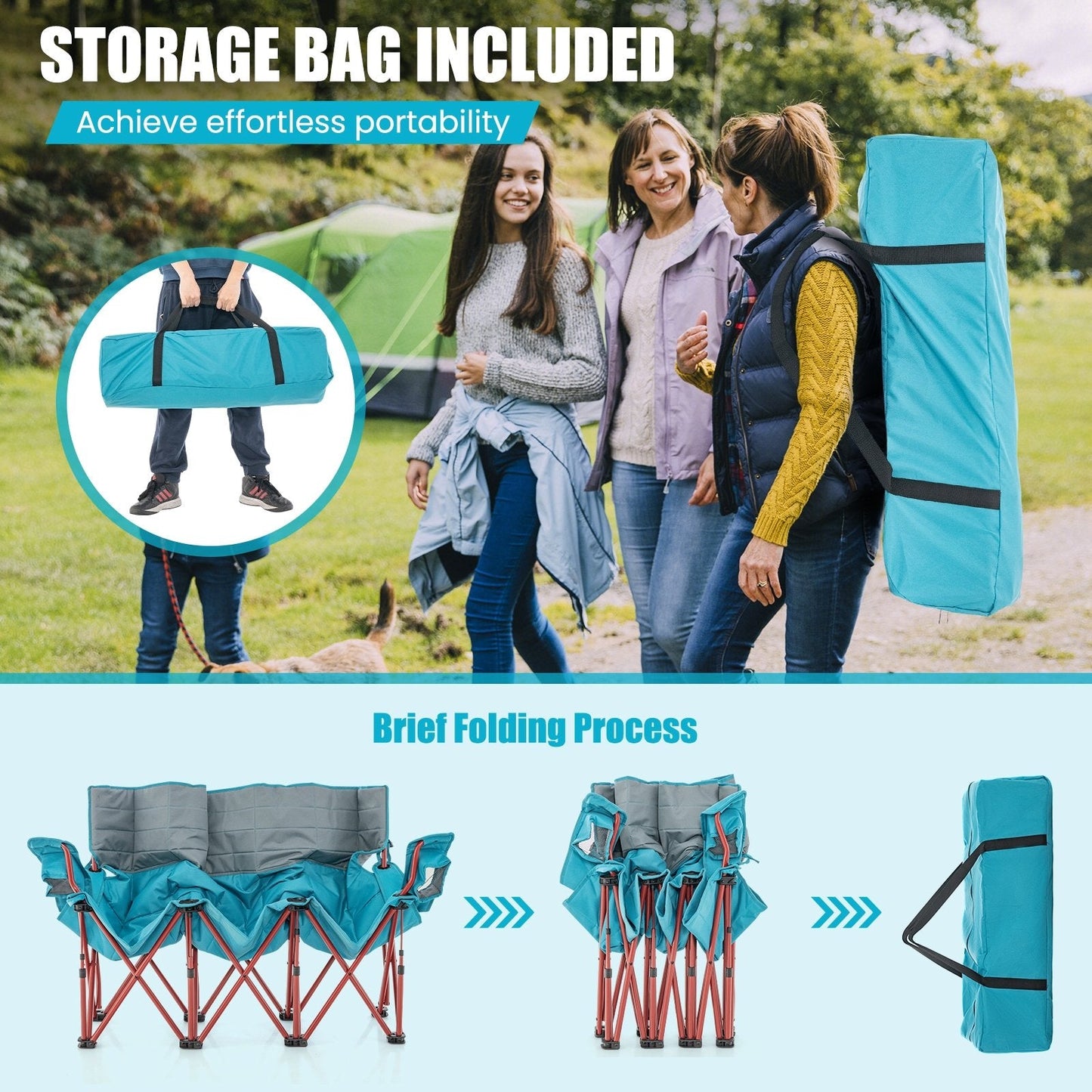 3 Person Folding Camping Chair with 2 Cup Holders Cotton Padding & Storage Bag, Blue Camping Furniture   at Gallery Canada