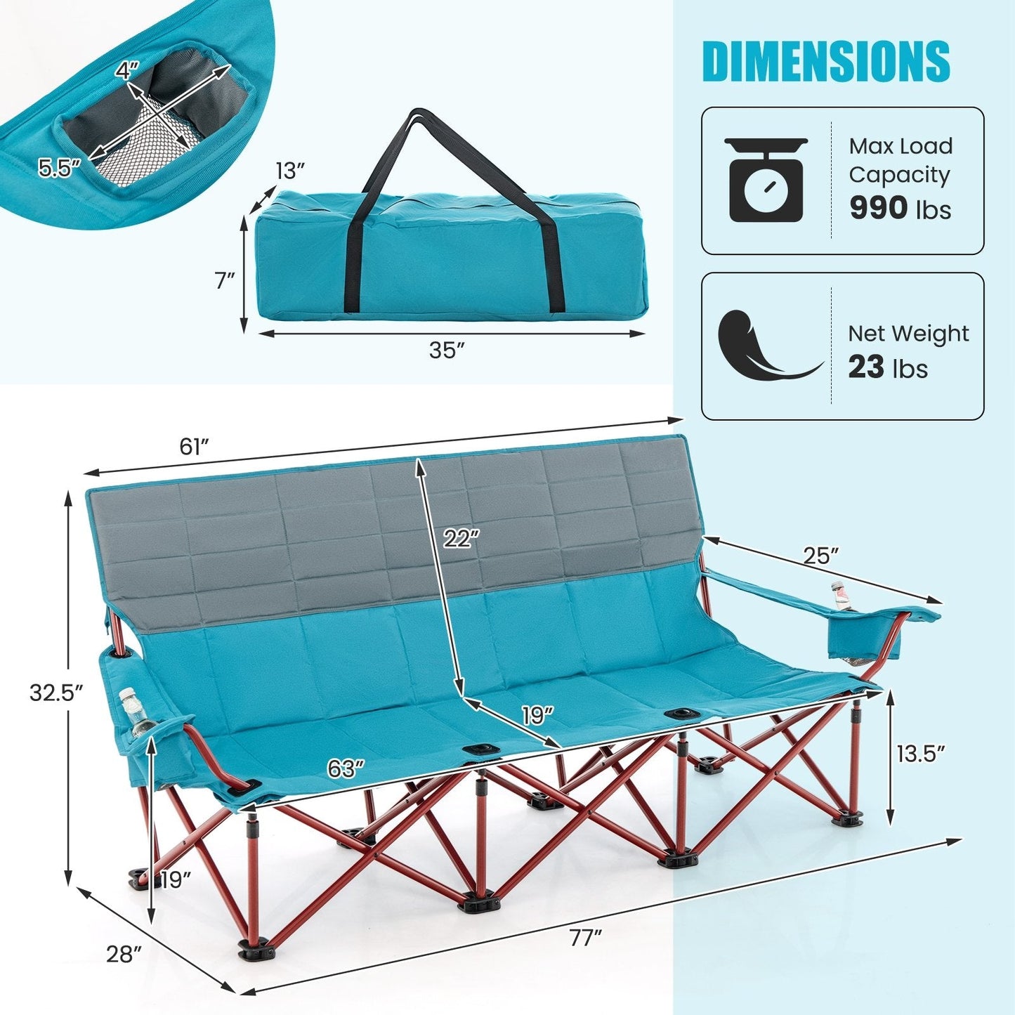 3 Person Folding Camping Chair with 2 Cup Holders Cotton Padding & Storage Bag, Blue Camping Furniture   at Gallery Canada