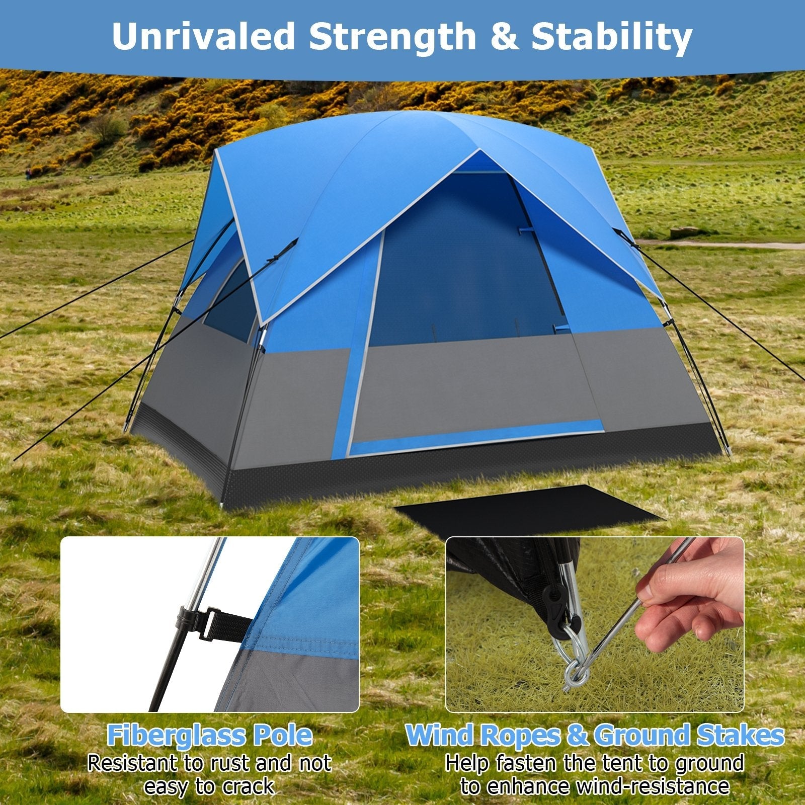 3 Person Outdoor Camping Tent with Removable Floor Mat for Camping Hiking Traveling, Blue Tents   at Gallery Canada