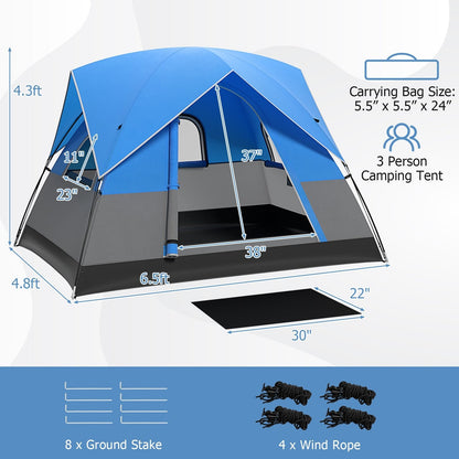 3 Person Outdoor Camping Tent with Removable Floor Mat for Camping Hiking Traveling, Blue Tents   at Gallery Canada