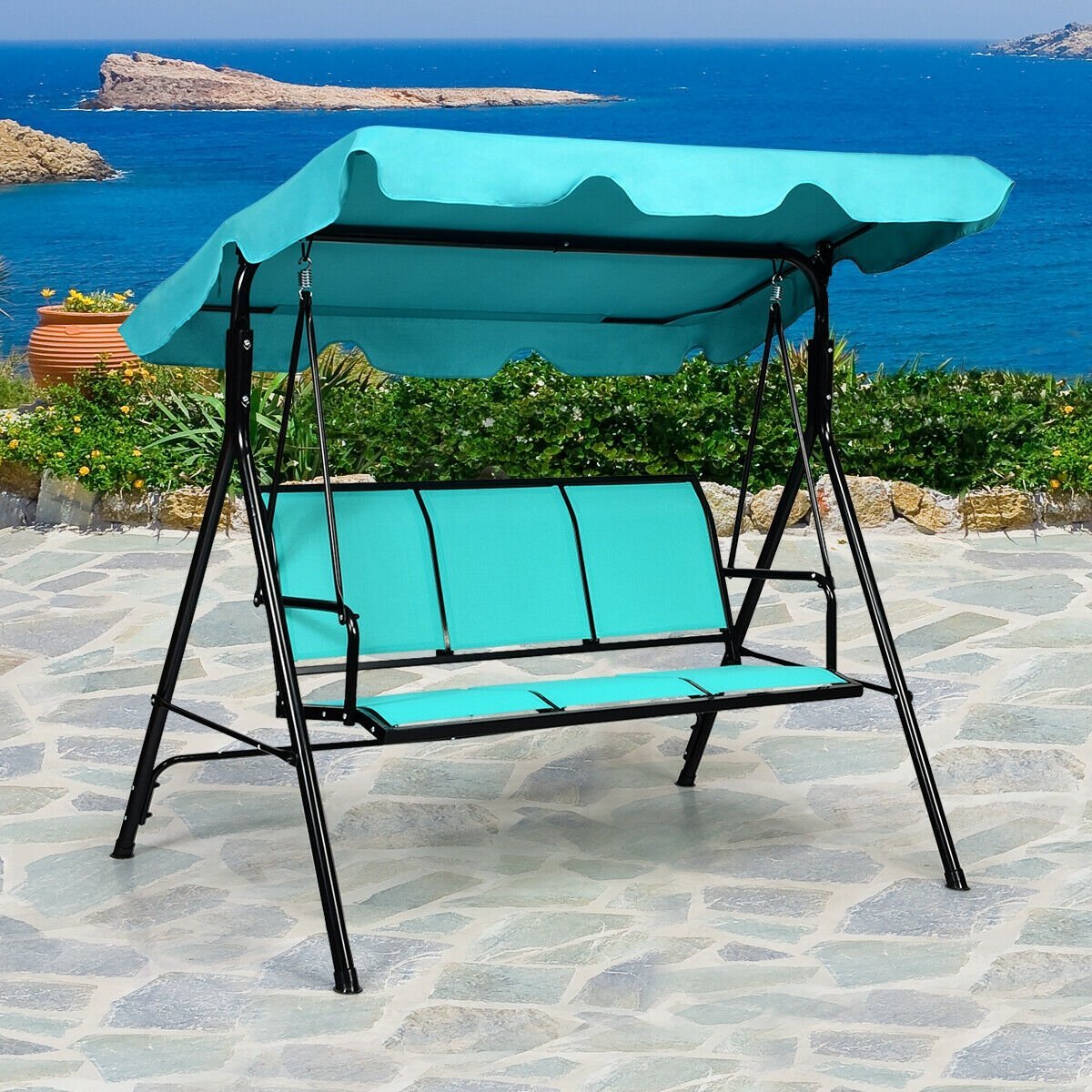 3 Person Patio Swing with Polyester Angle Adjustable Canopy and Steel Frame, Blue Porch Swings   at Gallery Canada