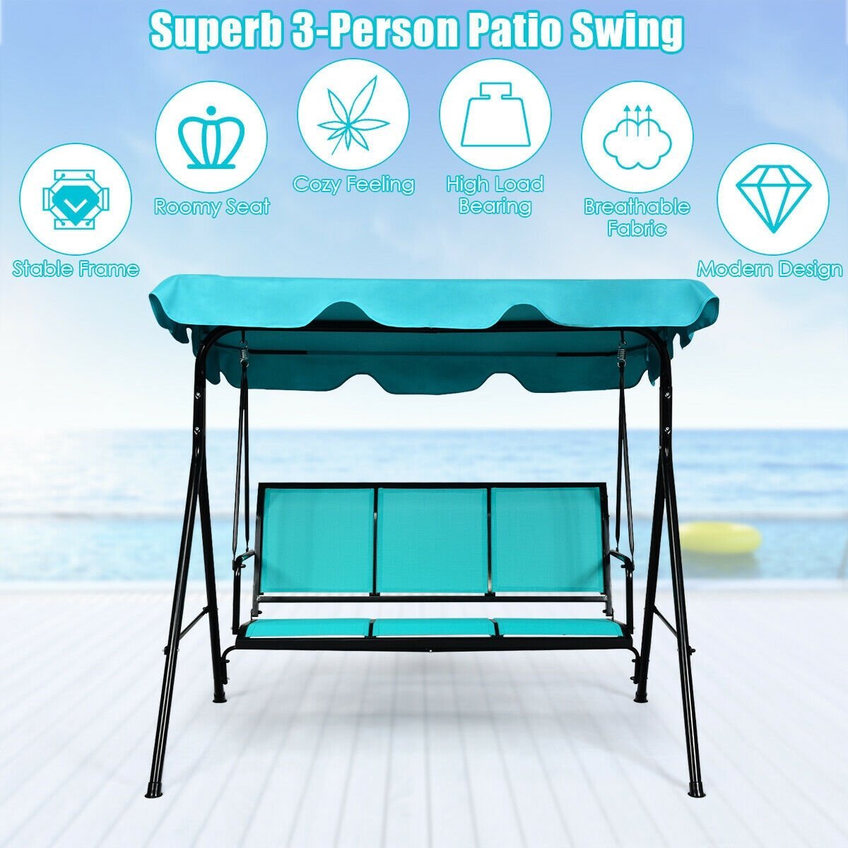 3 Person Patio Swing with Polyester Angle Adjustable Canopy and Steel Frame, Blue Porch Swings   at Gallery Canada