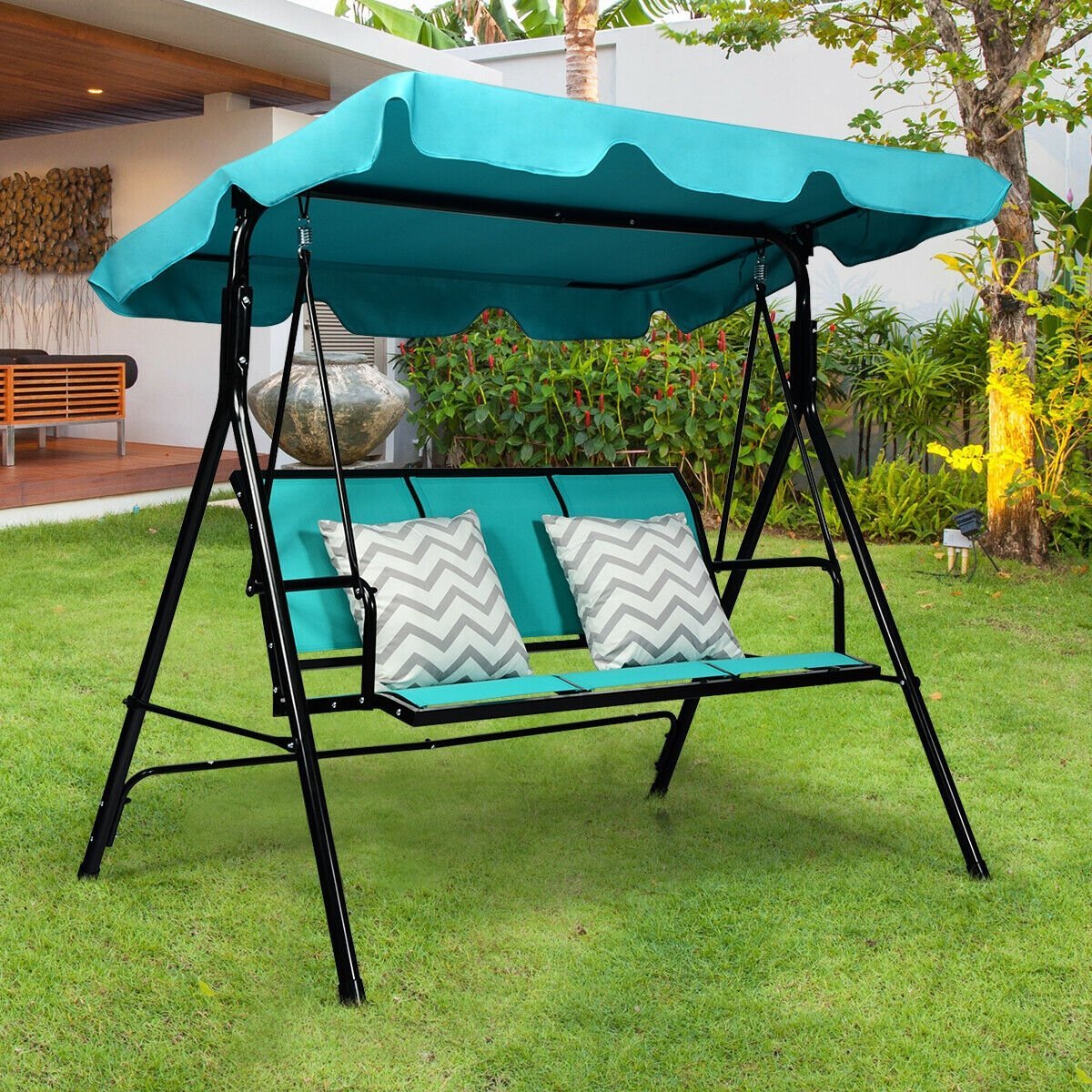 3 Person Patio Swing with Polyester Angle Adjustable Canopy and Steel Frame, Blue Porch Swings   at Gallery Canada