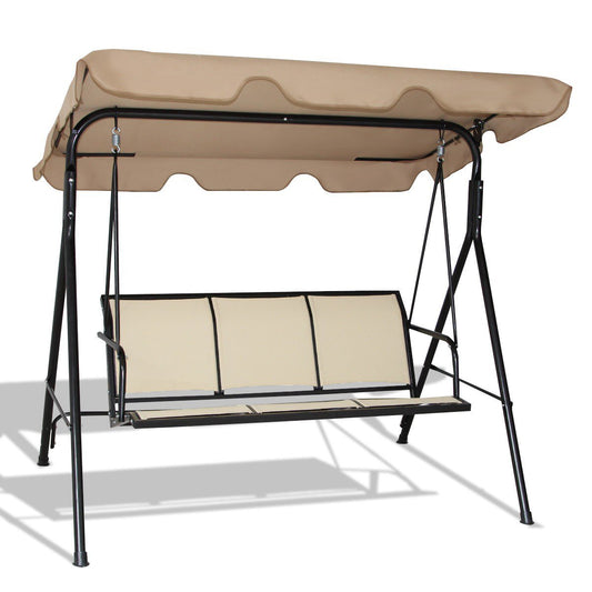 3 Person Steel Frame Patio Swing with Polyester Angle and Adjustable Canopy, Brown Porch Swings   at Gallery Canada