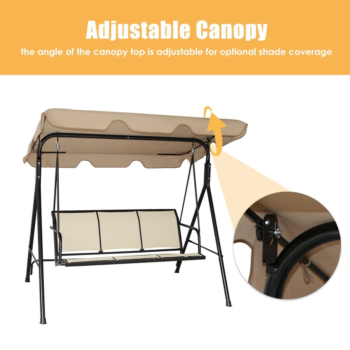 3 Person Steel Frame Patio Swing with Polyester Angle and Adjustable Canopy, Brown Porch Swings   at Gallery Canada