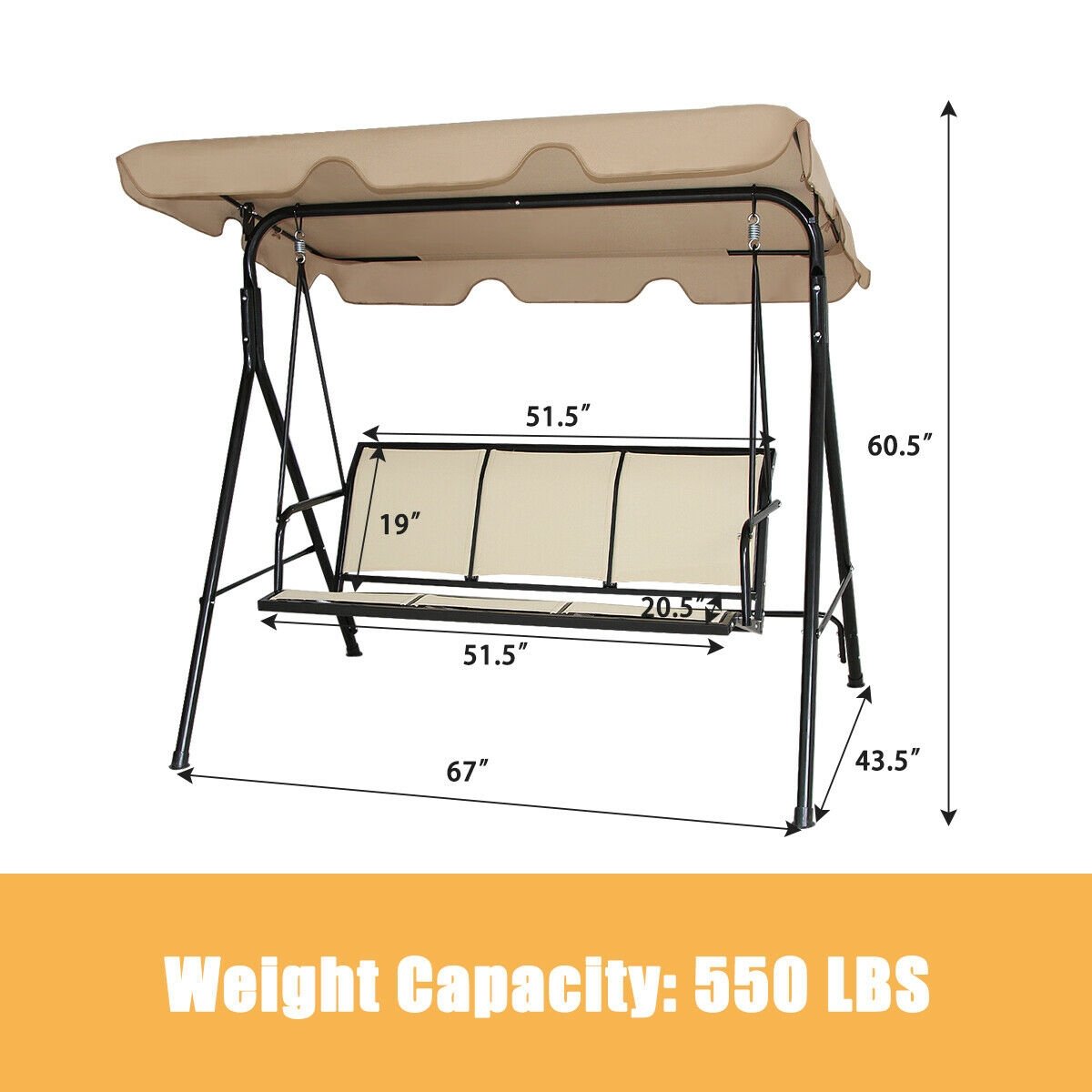 3 Person Steel Frame Patio Swing with Polyester Angle and Adjustable Canopy, Brown Porch Swings   at Gallery Canada