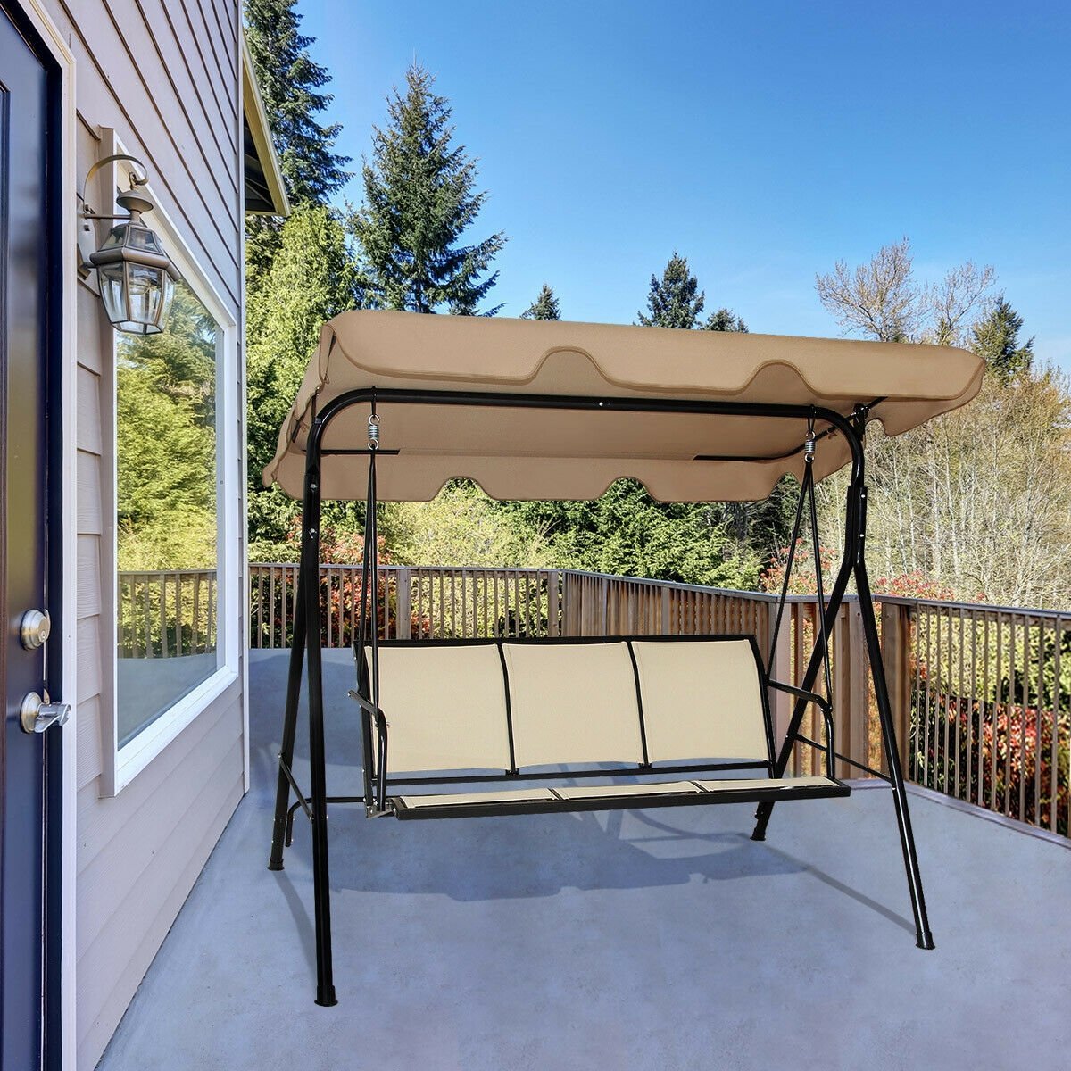 3 Person Steel Frame Patio Swing with Polyester Angle and Adjustable Canopy, Brown Porch Swings   at Gallery Canada