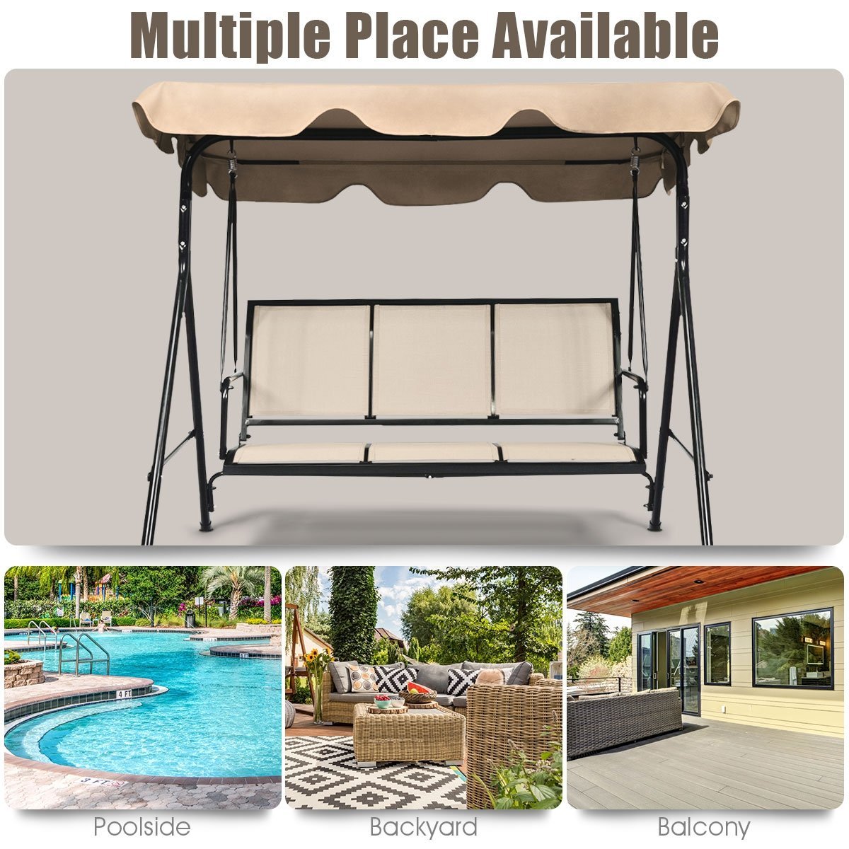 3 Person Steel Frame Patio Swing with Polyester Angle and Adjustable Canopy, Brown Porch Swings   at Gallery Canada