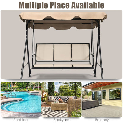 3 Person Steel Frame Patio Swing with Polyester Angle and Adjustable Canopy, Brown Porch Swings   at Gallery Canada