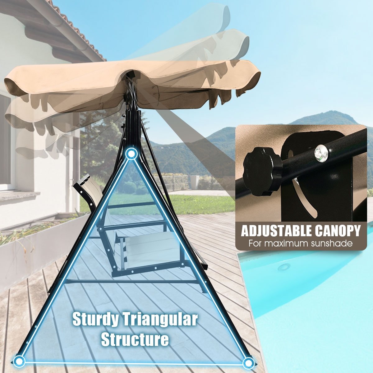 3 Person Steel Frame Patio Swing with Polyester Angle and Adjustable Canopy, Brown Porch Swings   at Gallery Canada