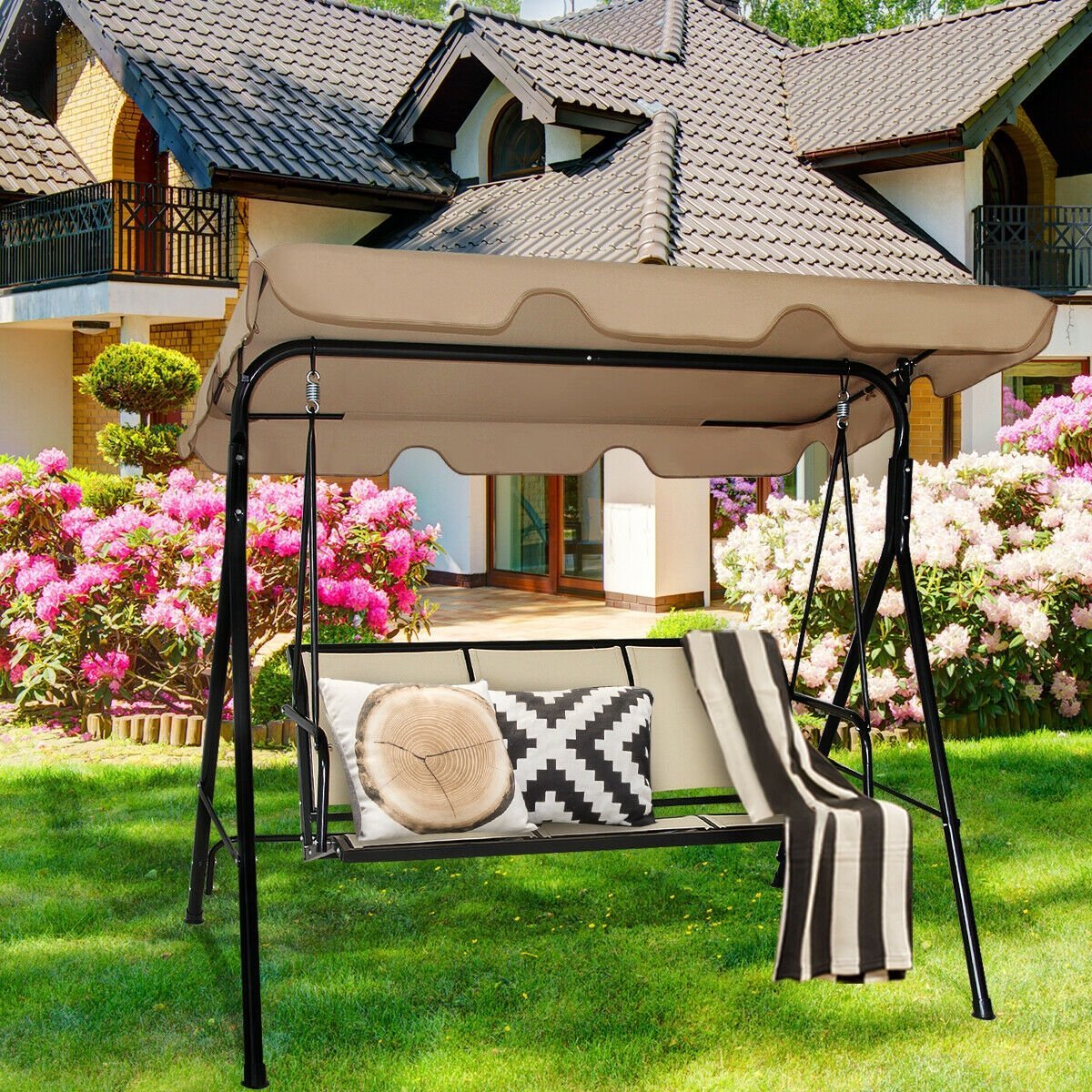 3 Person Steel Frame Patio Swing with Polyester Angle and Adjustable Canopy, Brown Porch Swings   at Gallery Canada