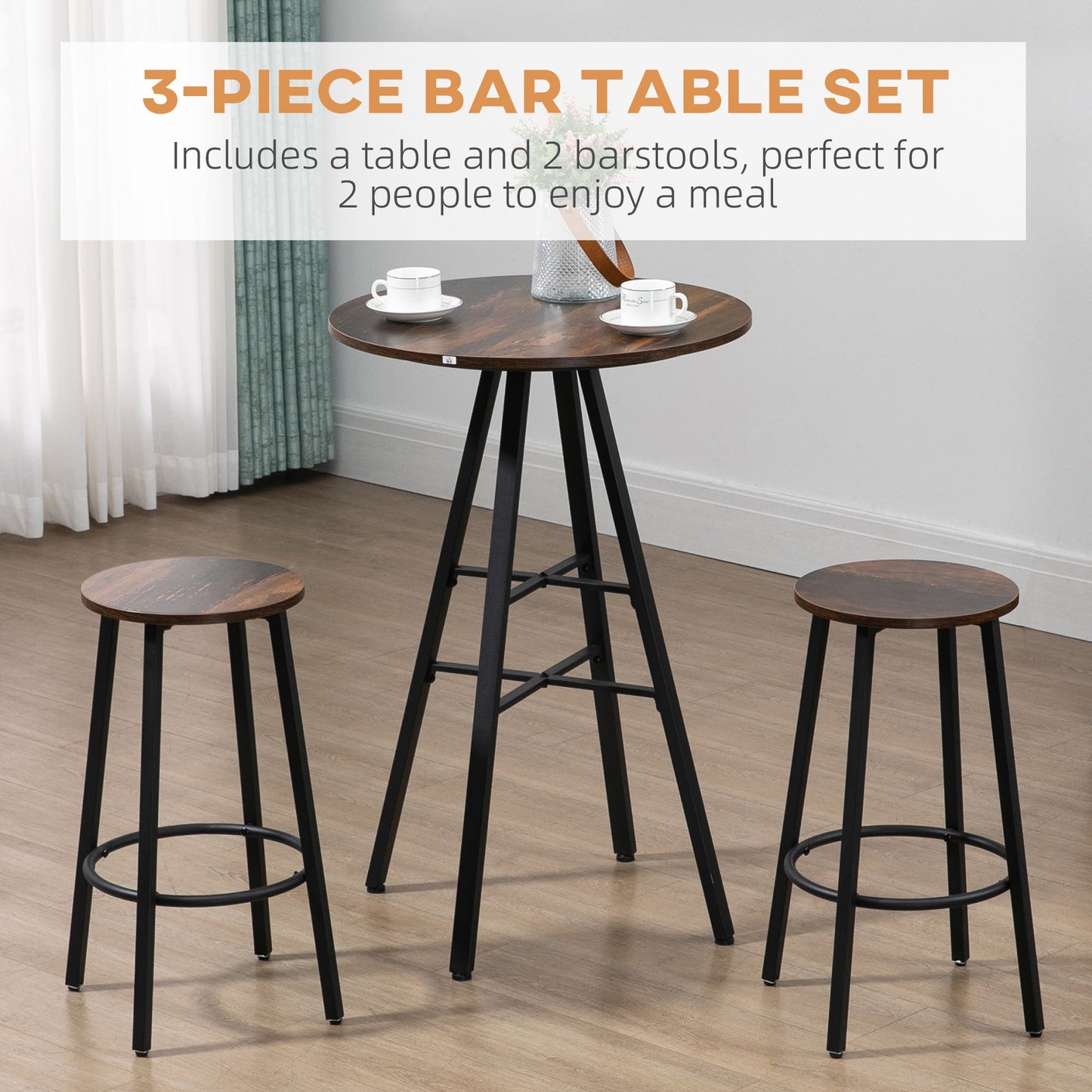 3 Piece Bar Table Set Industrial Dining Table Set for 2 with Stools Sturdy Steel Frame Footrest for Kitchen Living Room Small Space Rustic Brown Bar Sets   at Gallery Canada