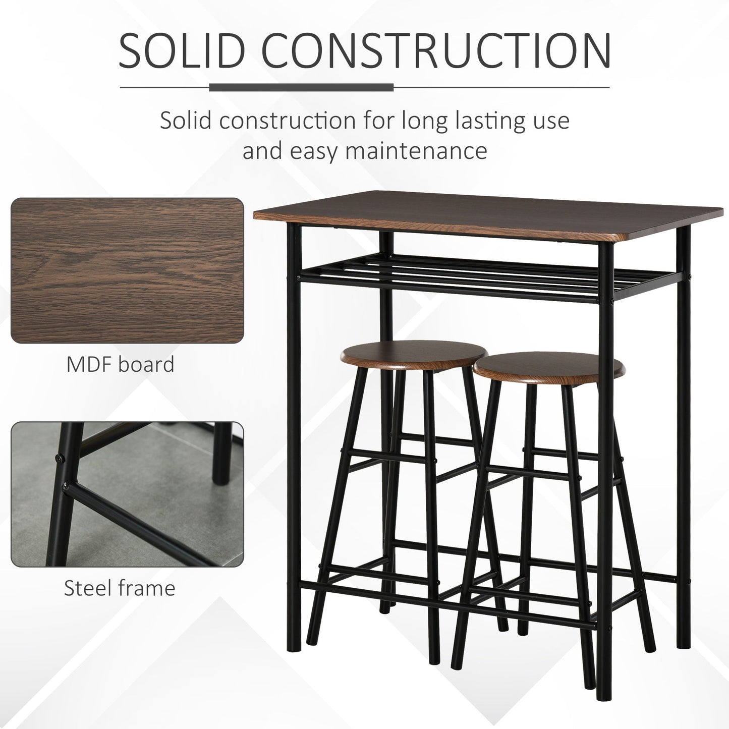 3 Piece Counter Height Table Chair Set with 1 Table, 2 Matching Stools, Storage Shelf and Metal Frame Footrest, Black and Oak Bar Sets   at Gallery Canada